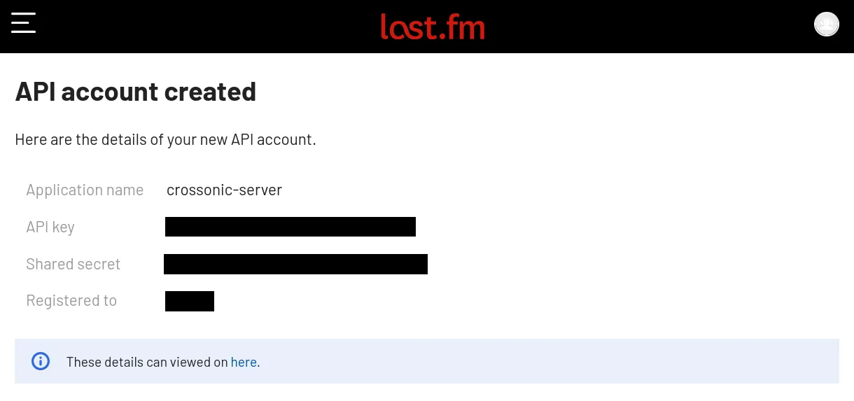 API account created page screenshot