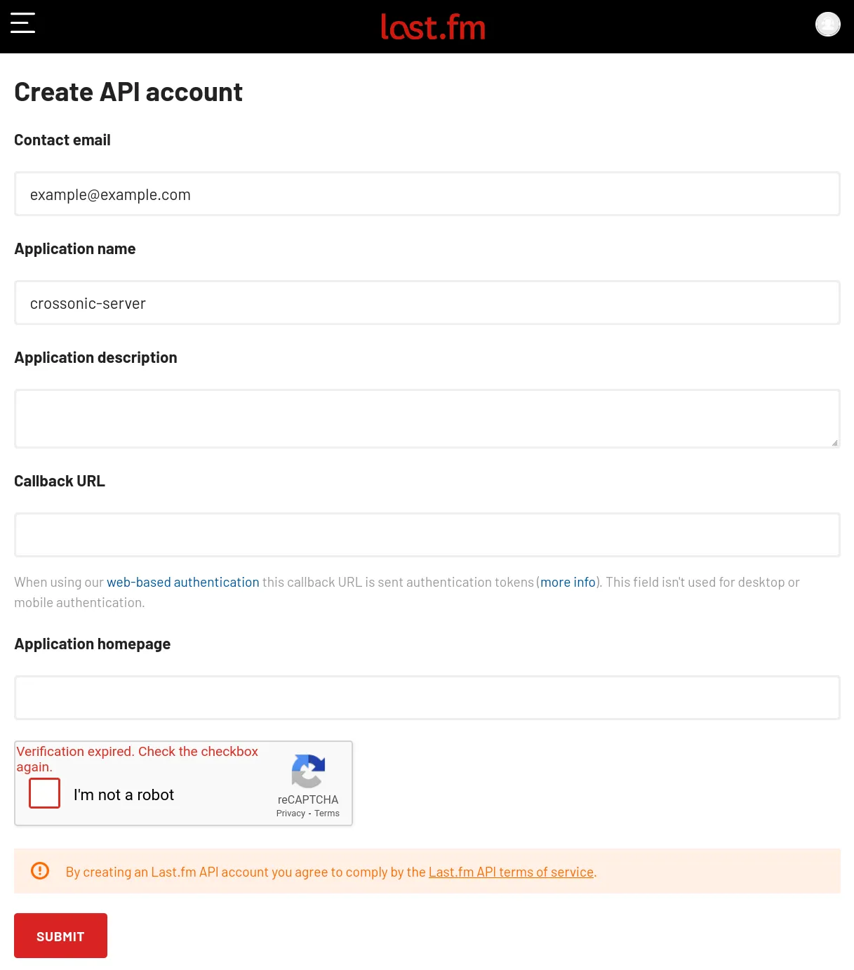 Create API account page screenshot