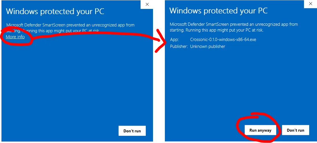 Screenshot of defender popup, click 'More info' then 'Run anyway'