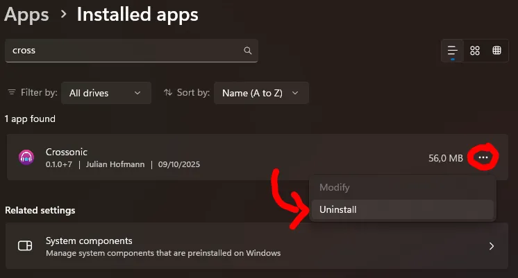 Screenshot of uninstall button